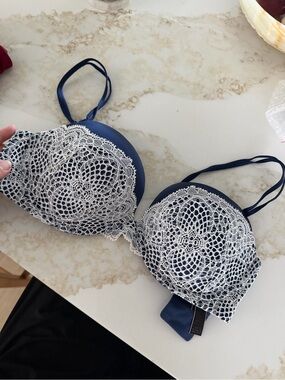 Victoria's Secret Navy Bra with White Lace Overlay